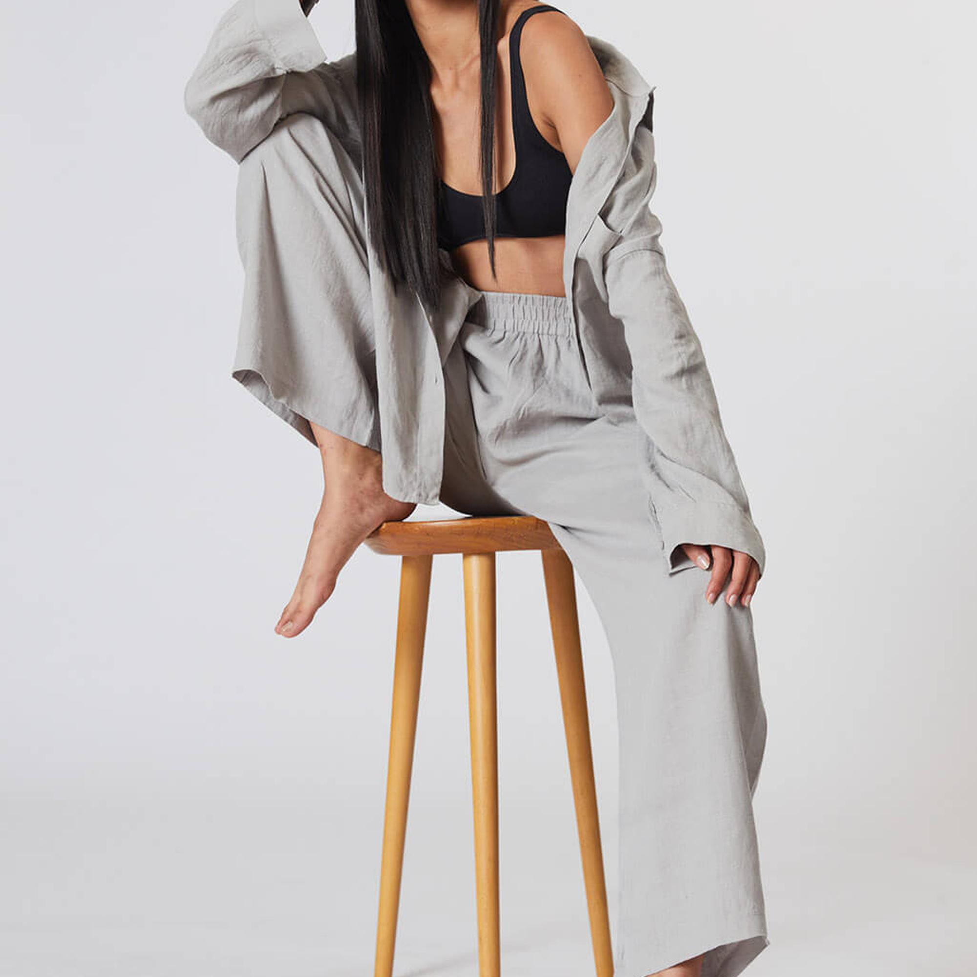 %100 Keten Orta Bel Pantolon