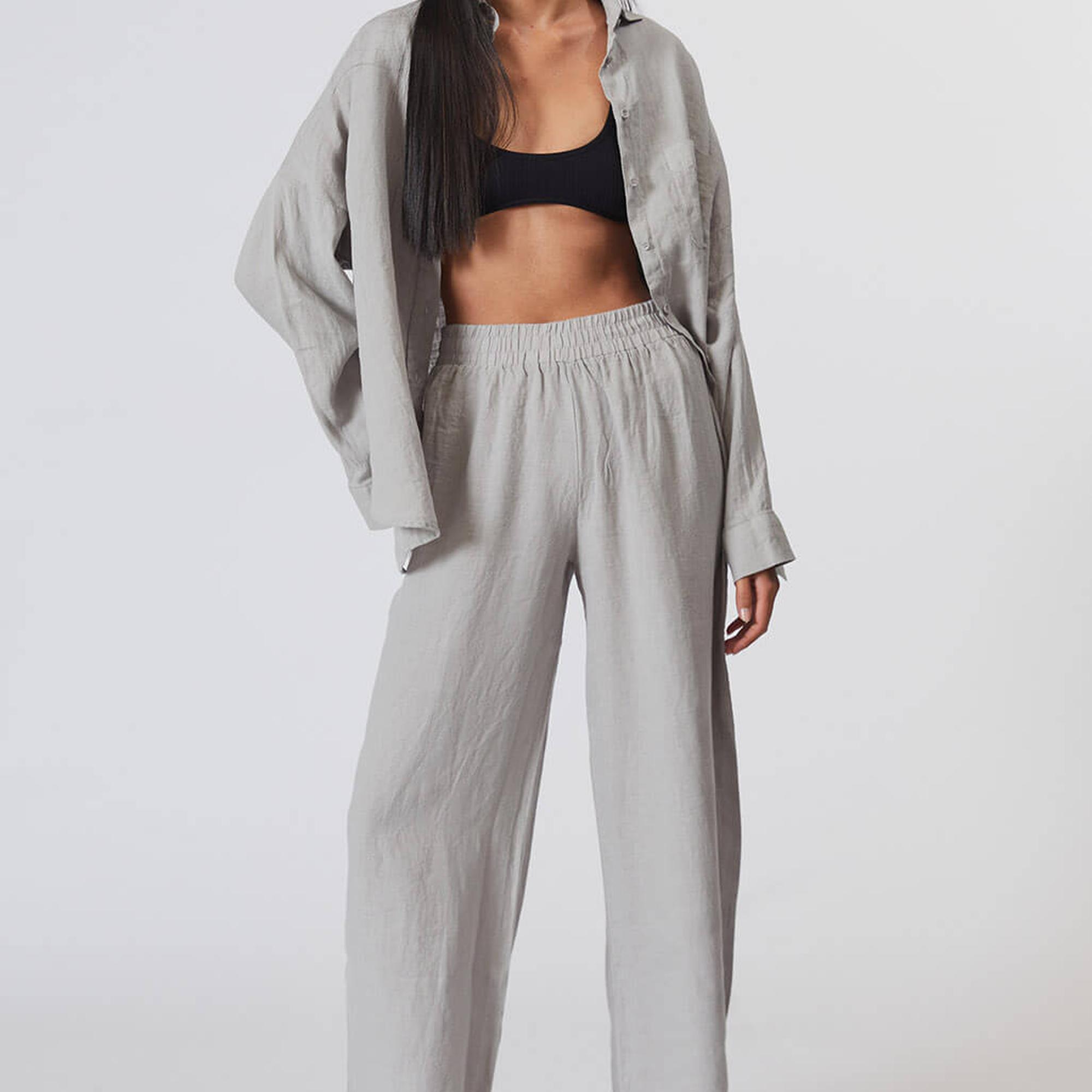 %100 Keten Orta Bel Pantolon