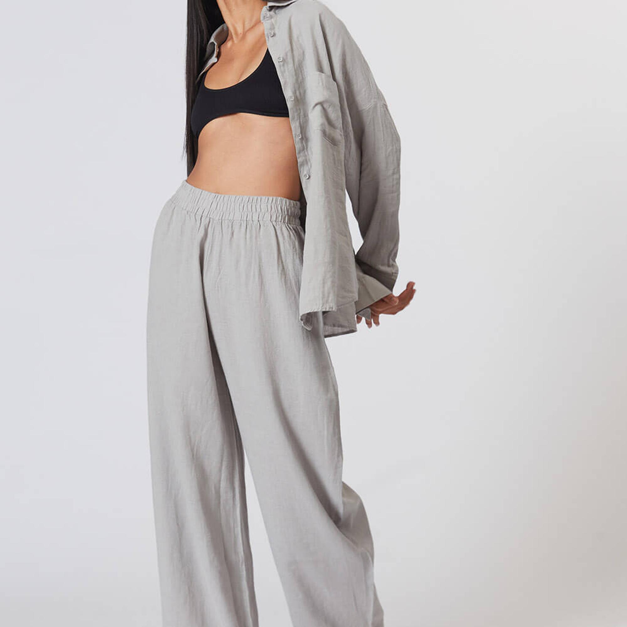 %100 Keten Orta Bel Pantolon