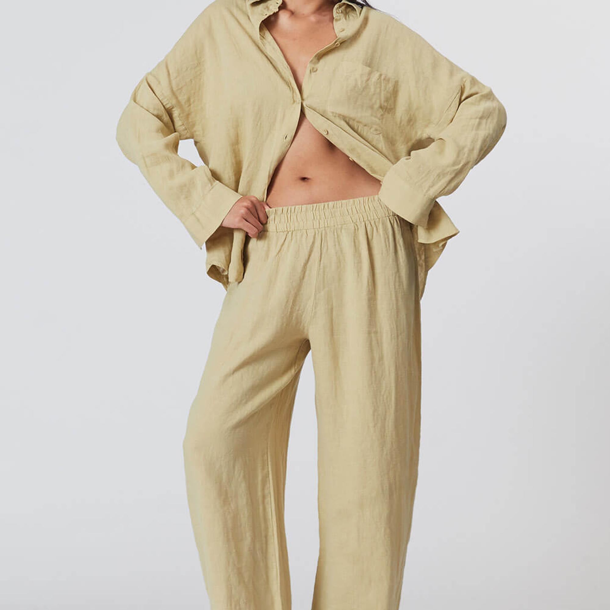 %100 Keten Orta Bel Pantolon