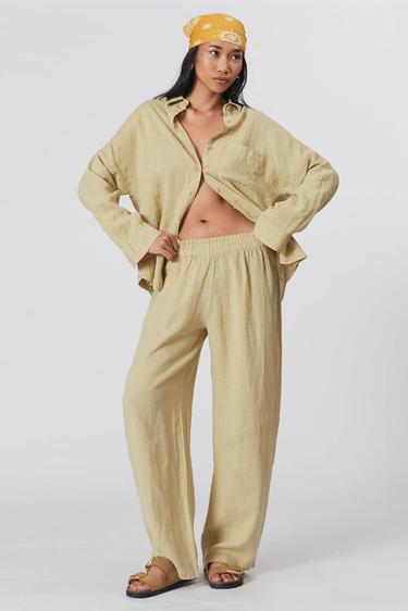  %100 Keten Orta Bel Pantolon