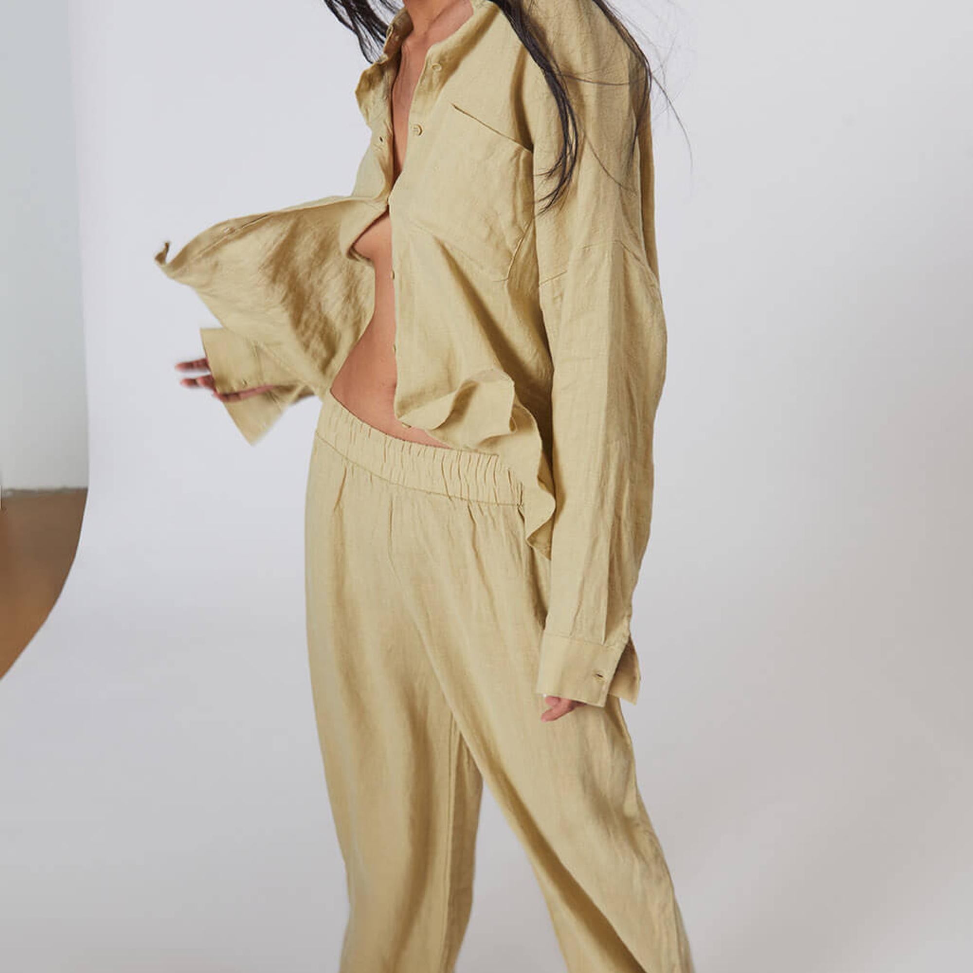 %100 Keten Orta Bel Pantolon