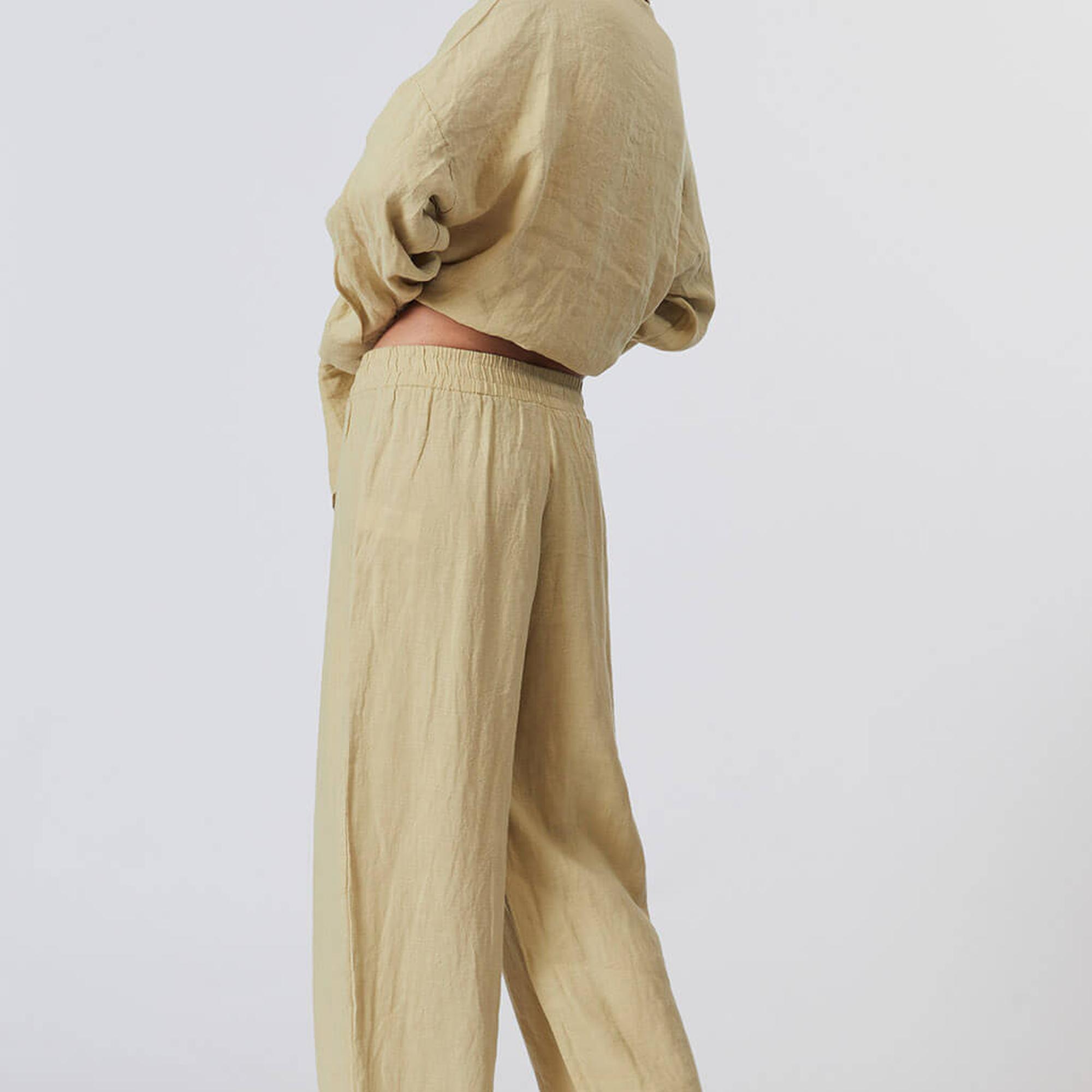 %100 Keten Orta Bel Pantolon