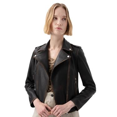  Benvolio Kahve Kadın Vintage Biker Deri Ceket