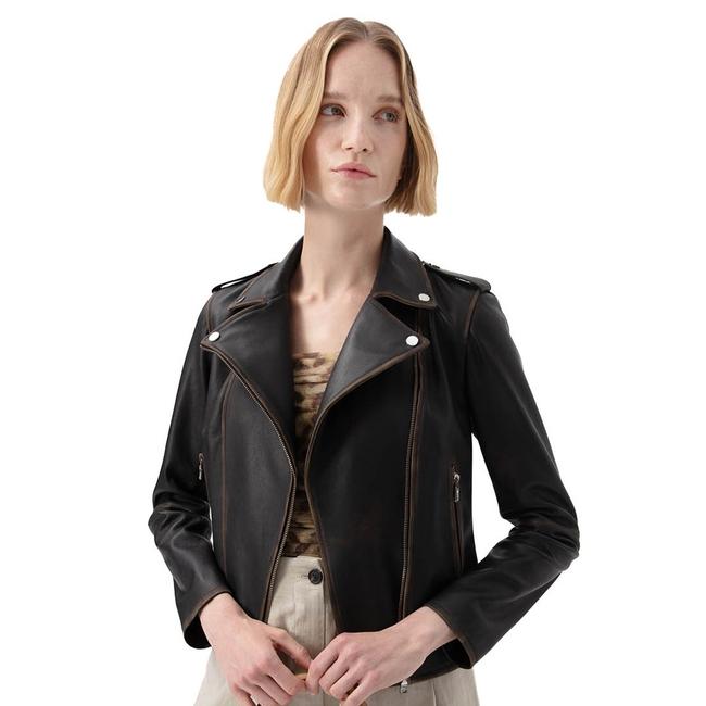  Benvolio Kahve Kadın Vintage Biker Deri Ceket