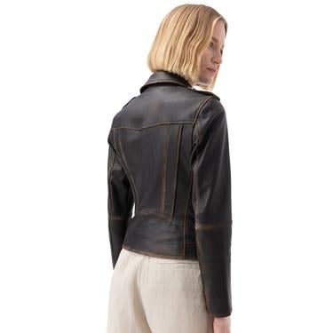  Benvolio Kahve Kadın Vintage Biker Deri Ceket