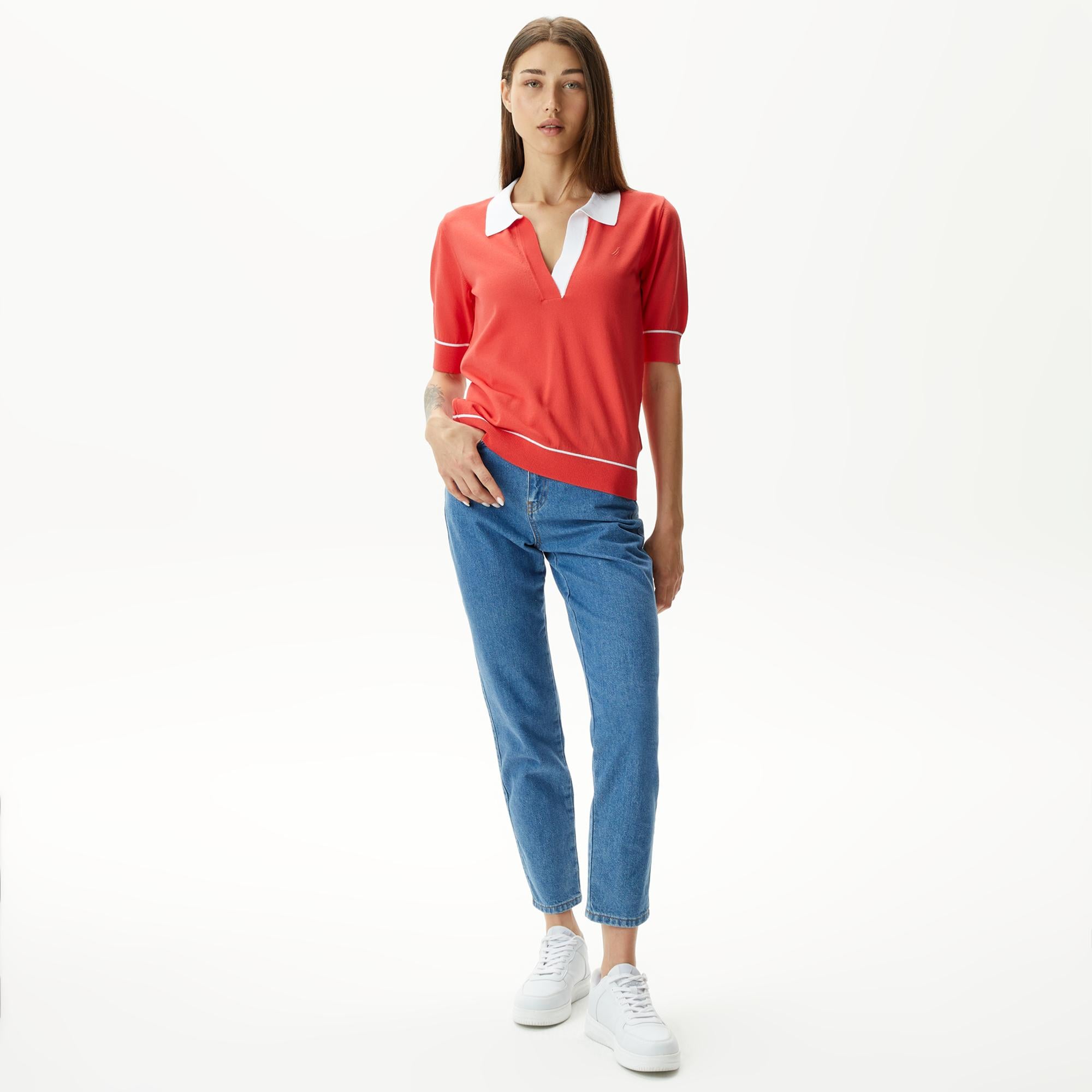 Nautica Kadın Kırmızı Relaxed Fit Kısa Kollu Triko