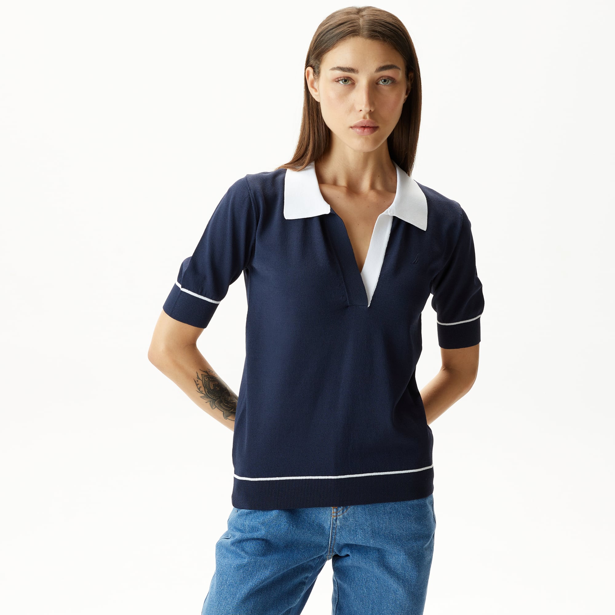  Nautica Kadın Lacivert Relaxed Fit Kısa Kollu Triko