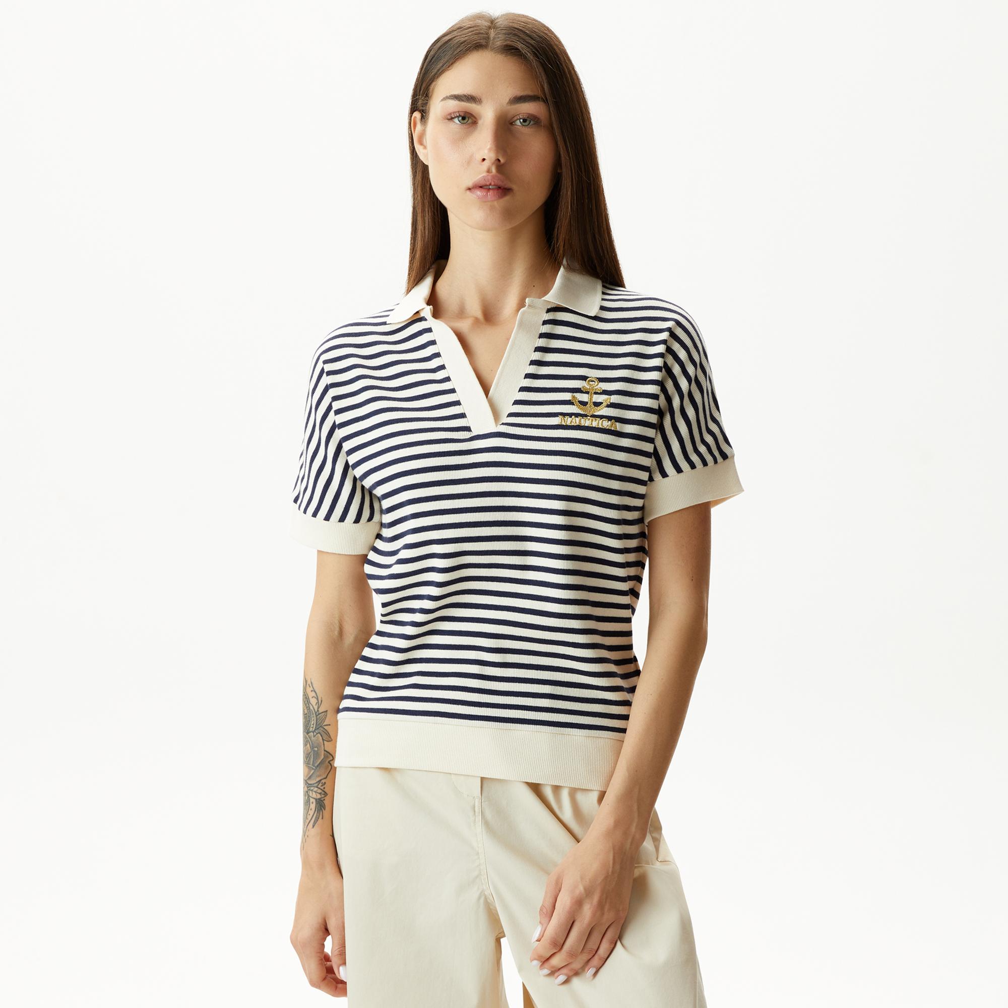 Nautica Kadın Lacivert Slim Fit Çizgili Polo Yaka T-Shirt