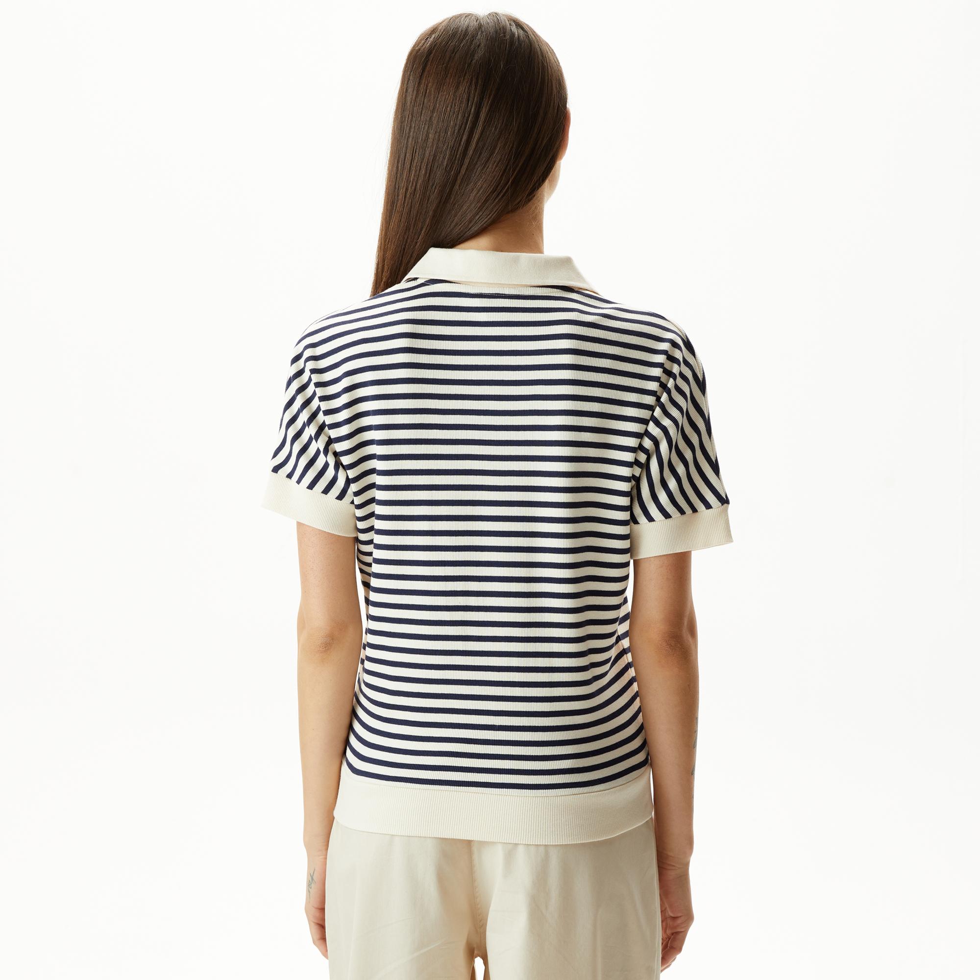 Nautica Kadın Lacivert Slim Fit Çizgili Polo Yaka T-Shirt