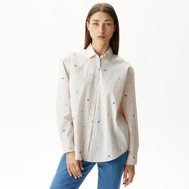  Nautica Kadın Bej Relaxed Fit Uzun Kollu Çizgili Gömlek