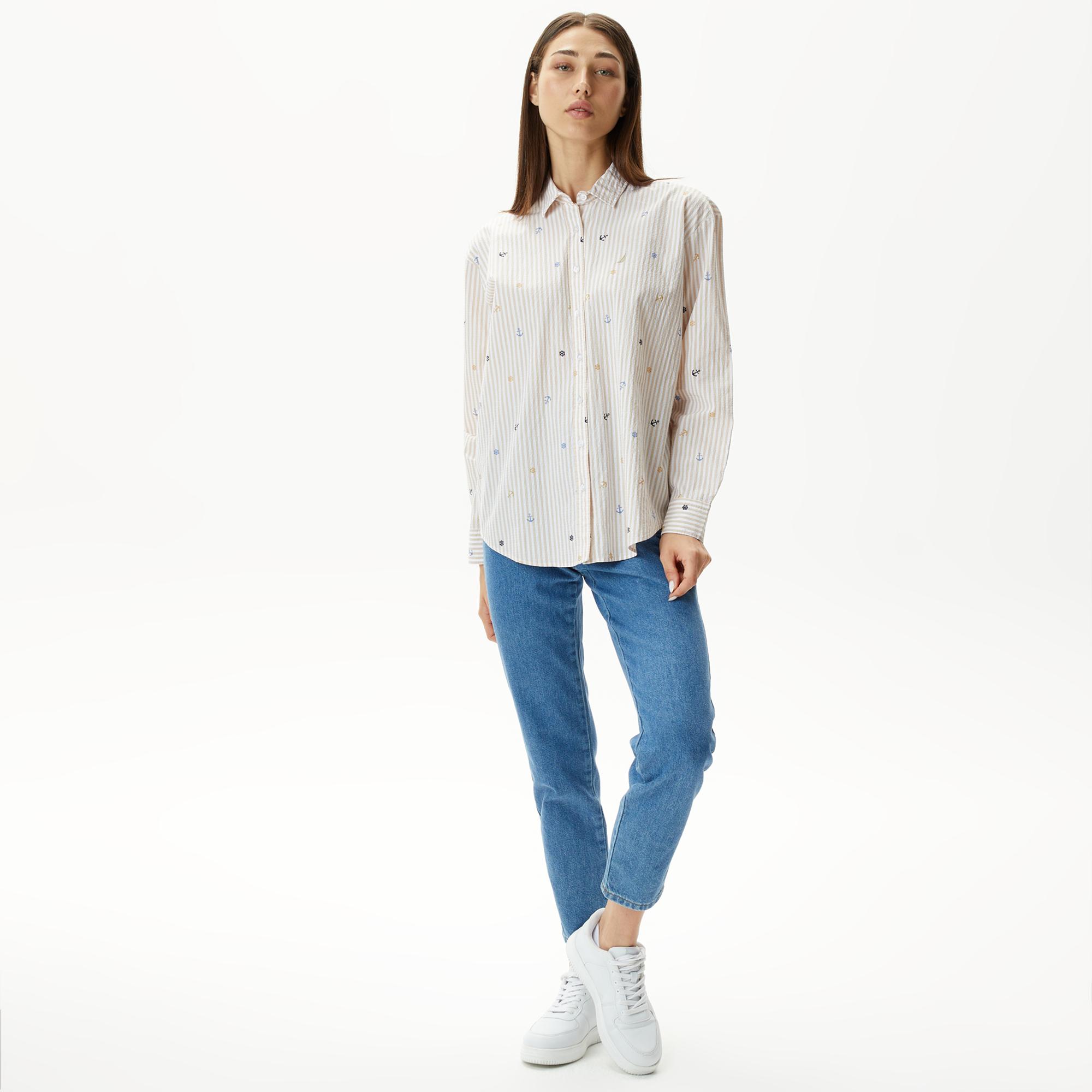 Nautica Kadın Bej Relaxed Fit Uzun Kollu Çizgili Gömlek