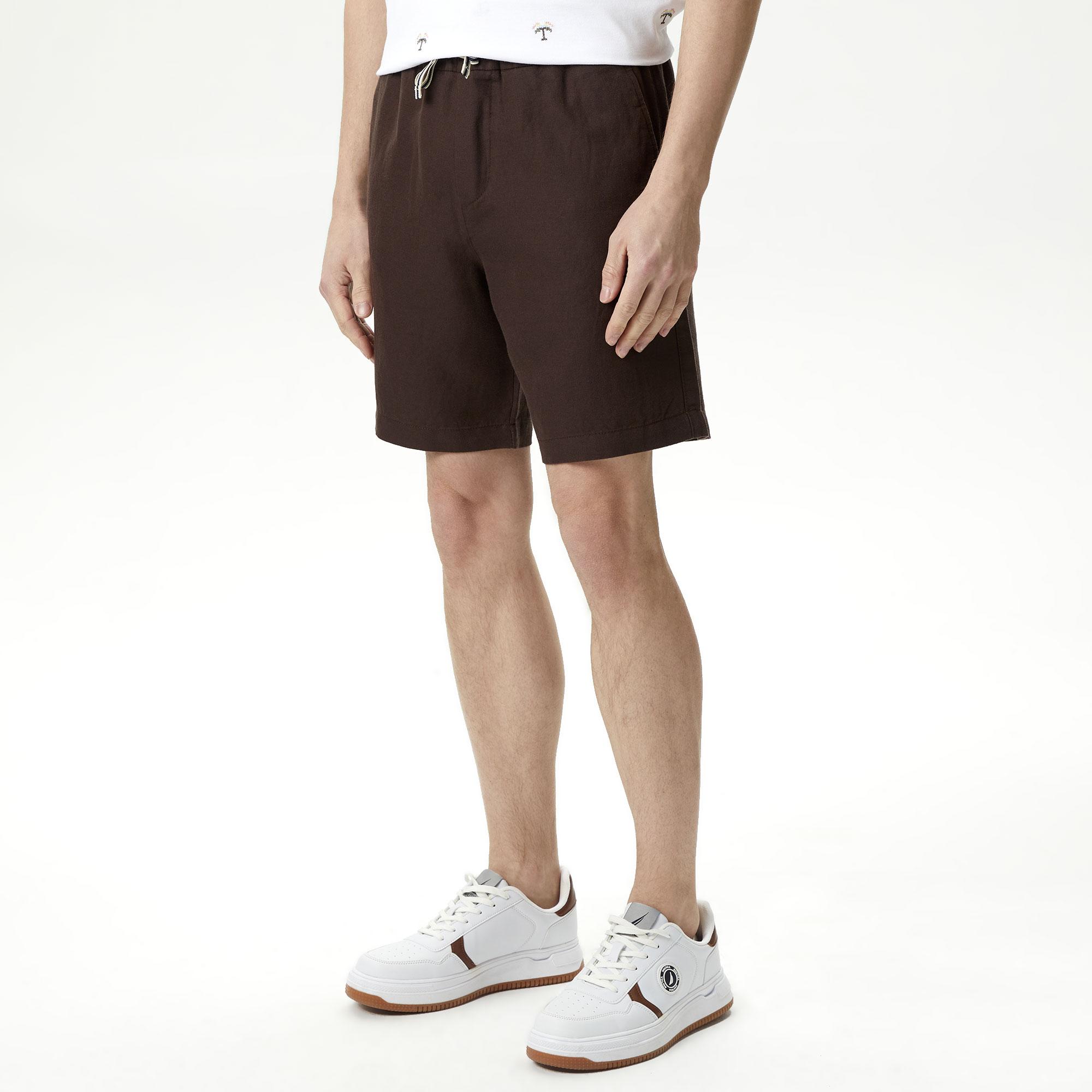 Nautica Erkek Kahverengi Classic Fit Keten Bermuda Şort