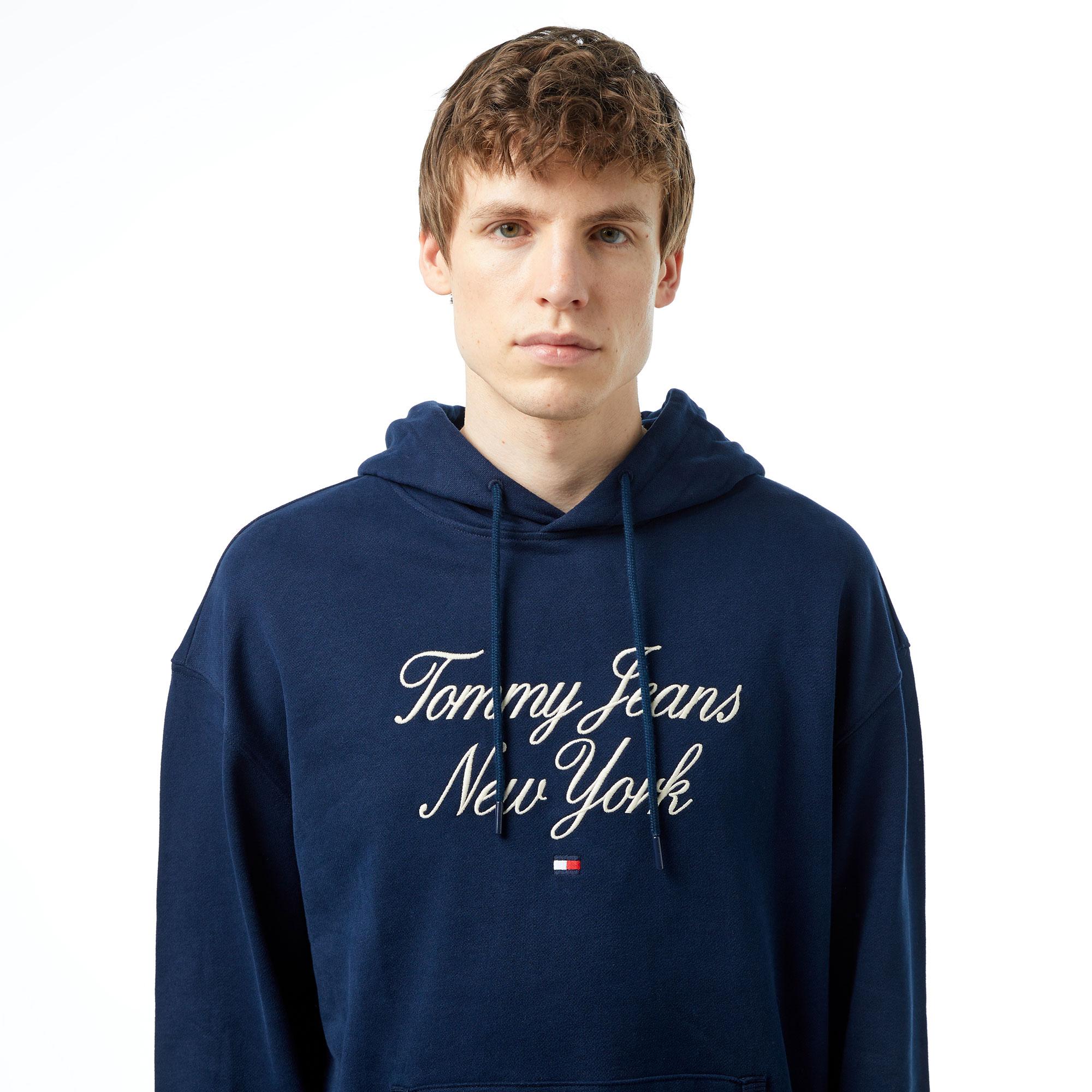 Tommy Jeans Relax Luxe Serif Hoodie Erkek Mavi Sweatshirt