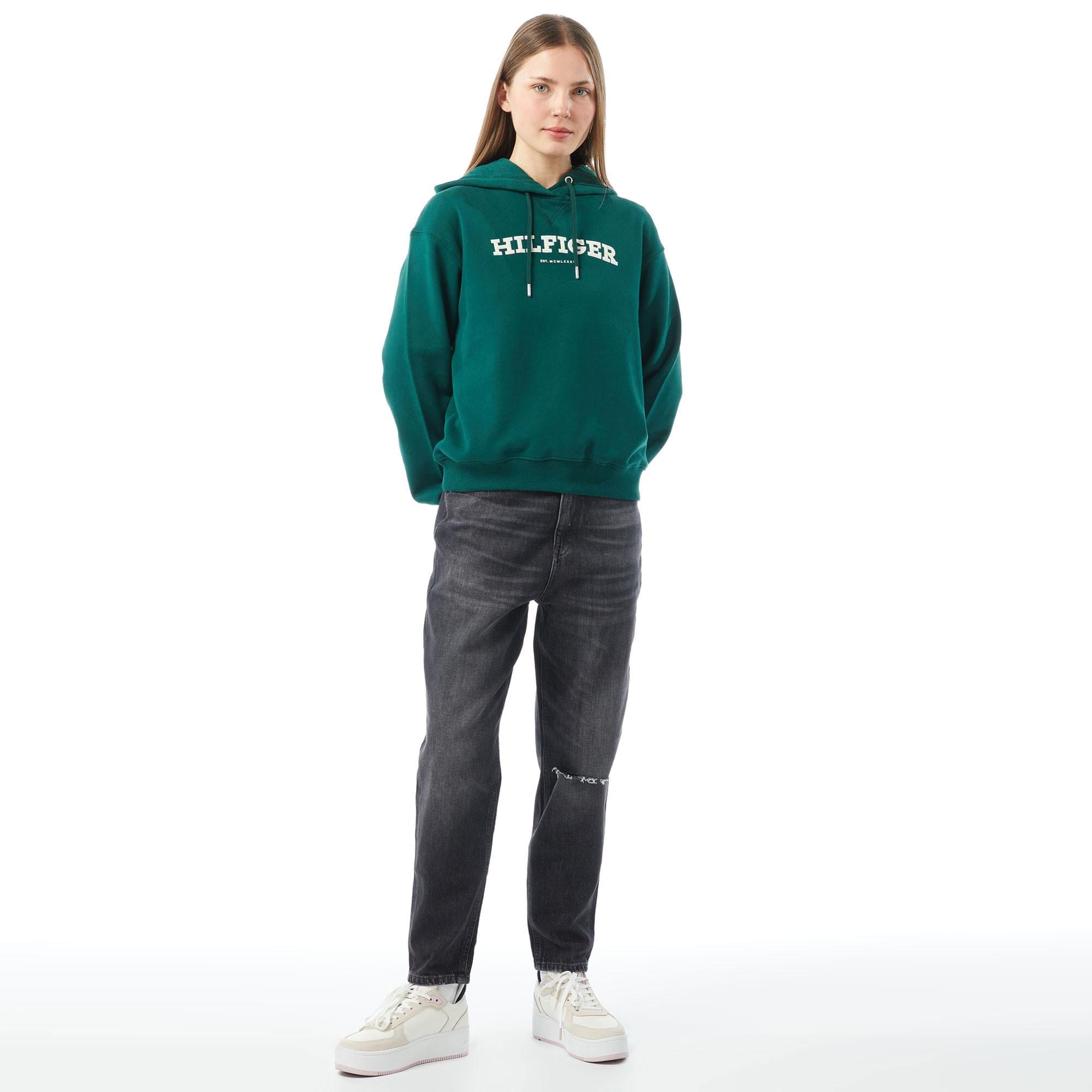 Tommy Hilfiger Reg Monotype Flock Hoodie Kadın Yeşil Sweatshirt