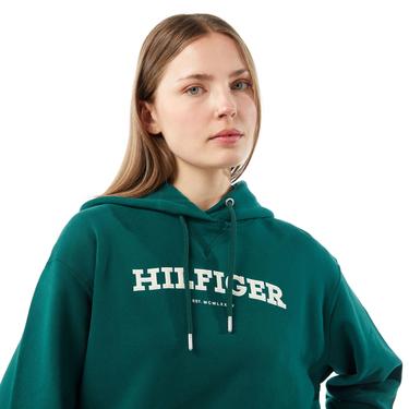  Tommy Hilfiger Reg Monotype Flock Hoodie Kadın Yeşil Sweatshirt