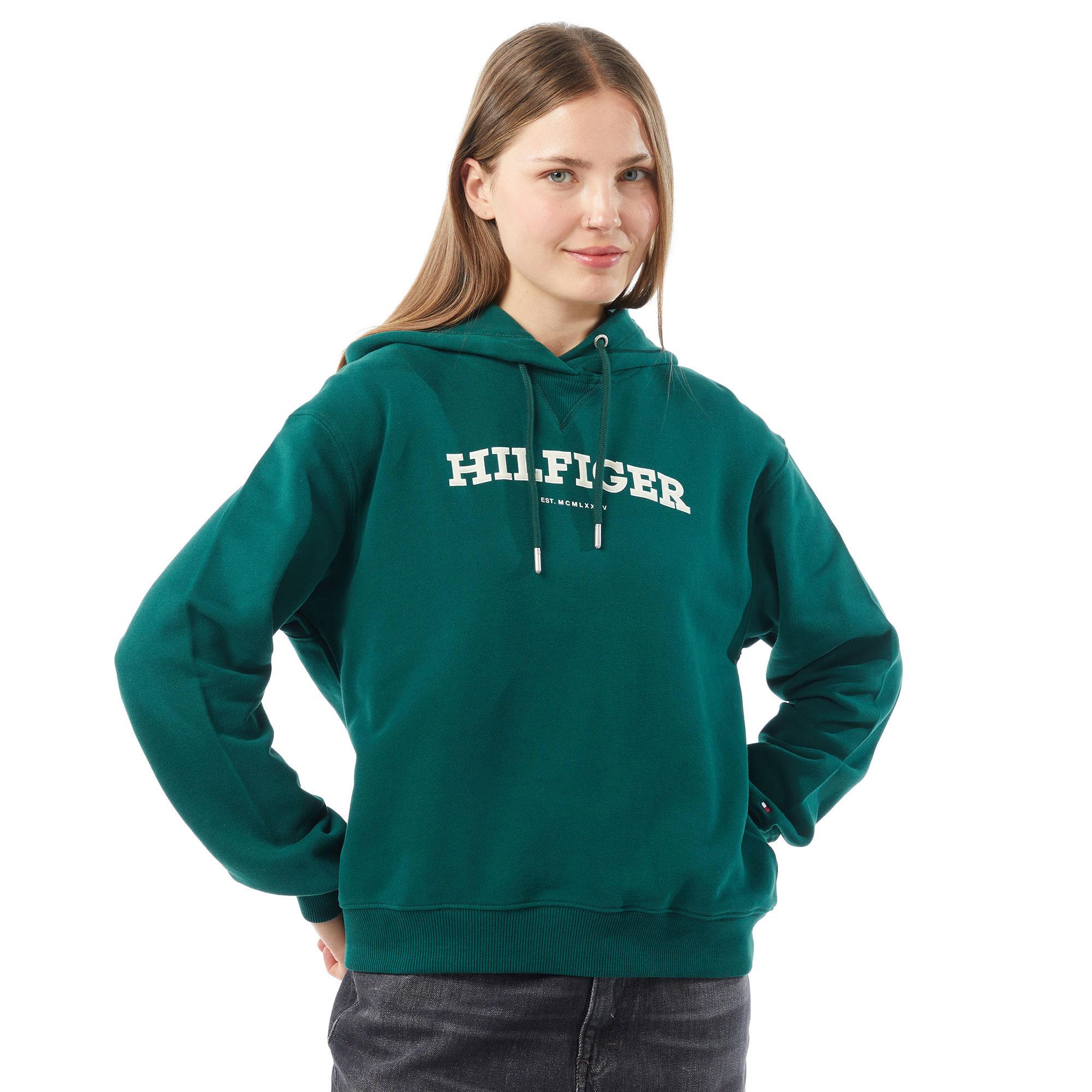 Tommy Hilfiger Reg Monotype Flock Hoodie Kadın Yeşil Sweatshirt