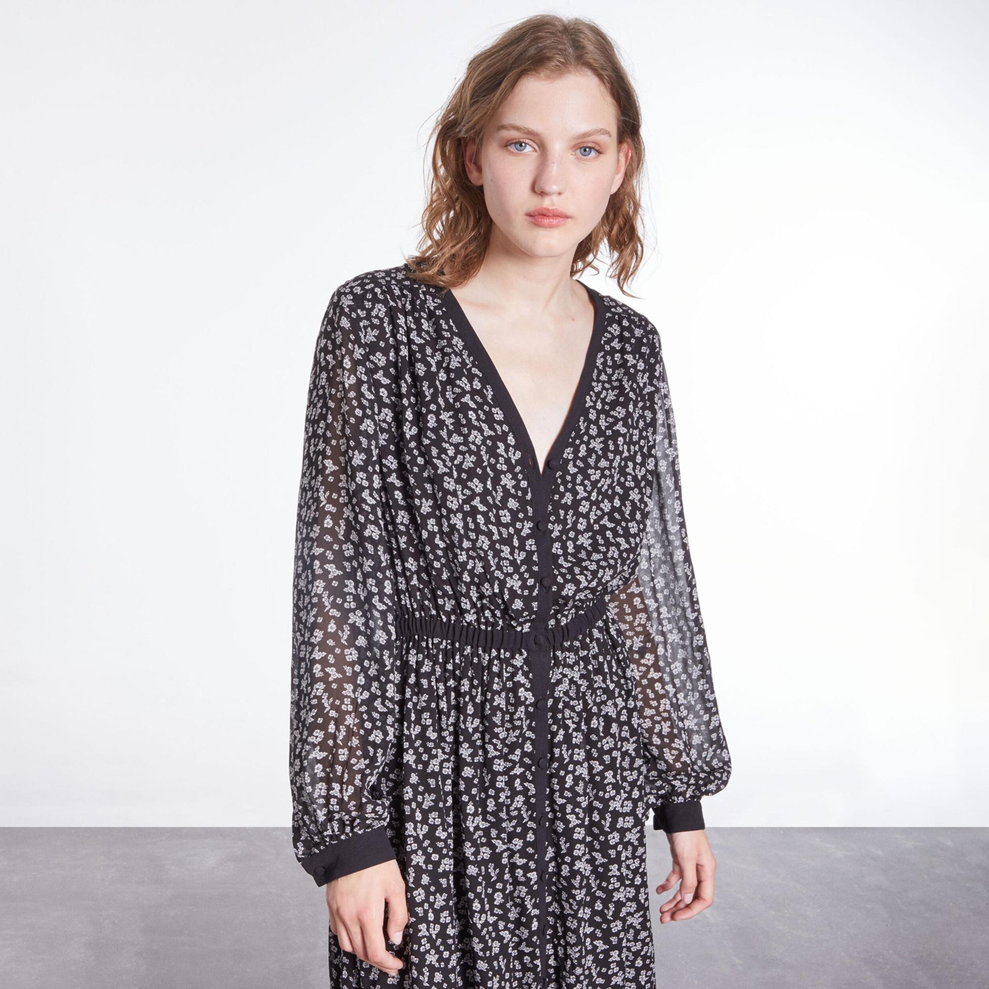 The Kooples Kadın Uzun Kollu V Yaka Çiçek Desenli Siyah Elbise