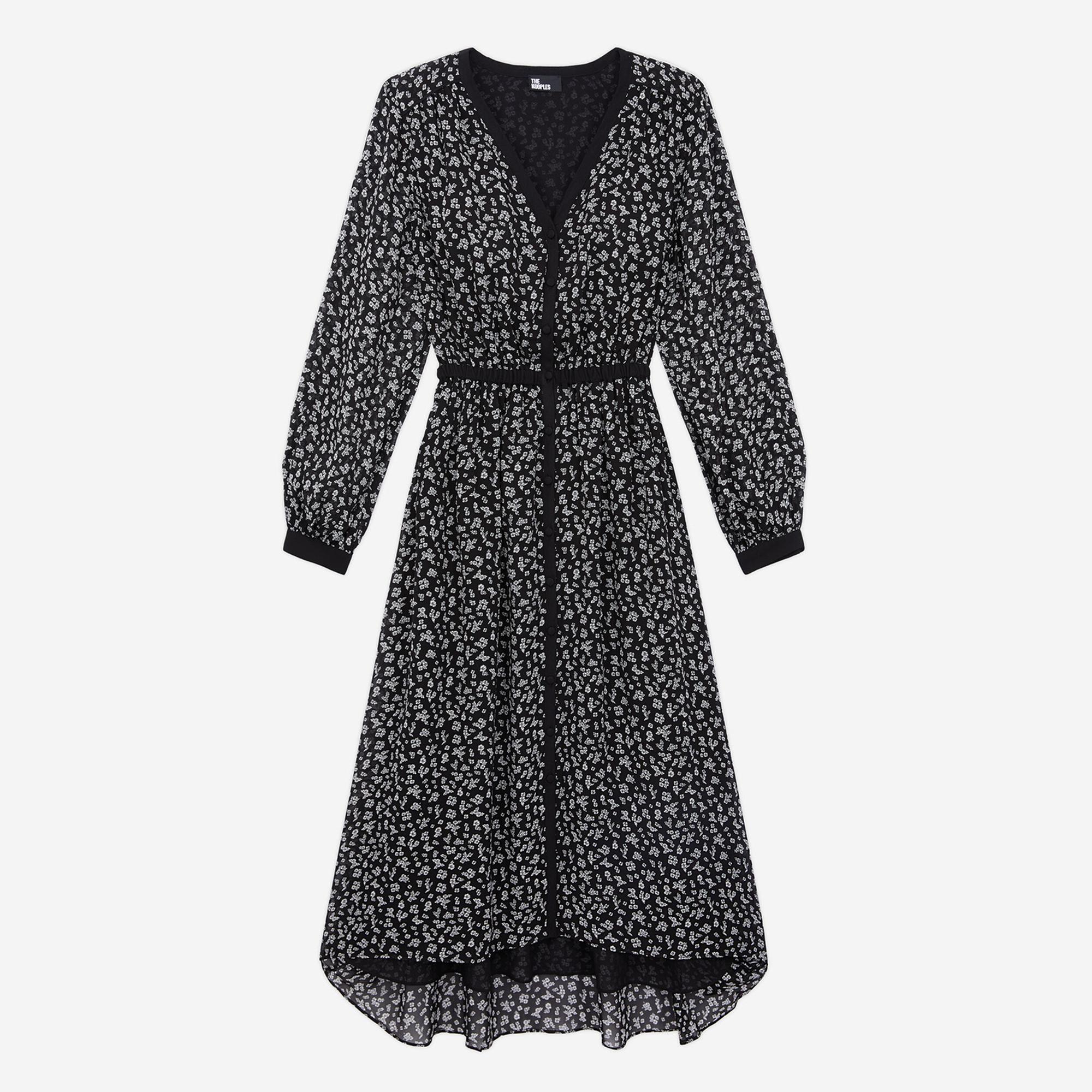 The Kooples Kadın Uzun Kollu V Yaka Çiçek Desenli Siyah Elbise