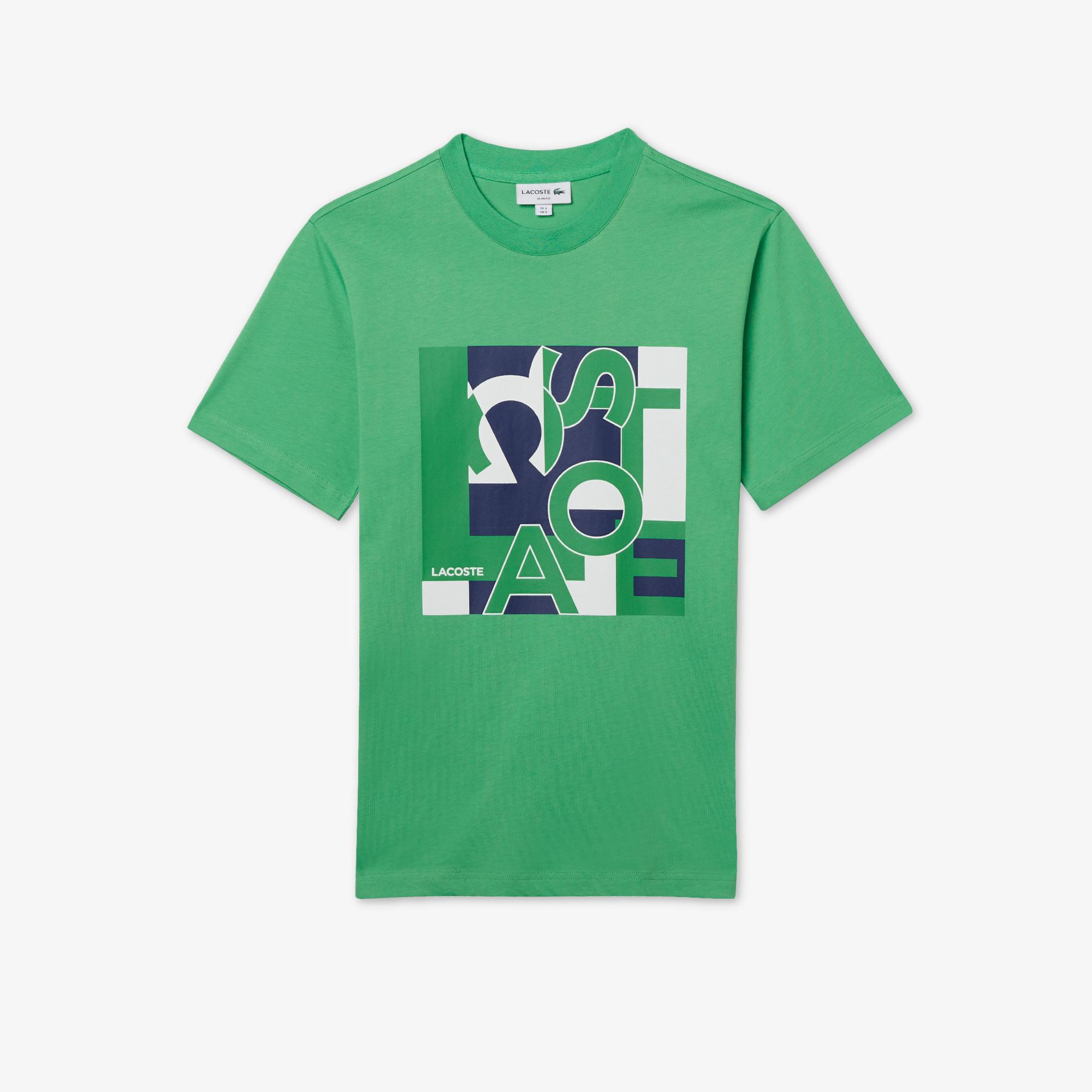 Erkek Slim Fit Bisiklet Yaka Baskılı Yeşil T-Shirt