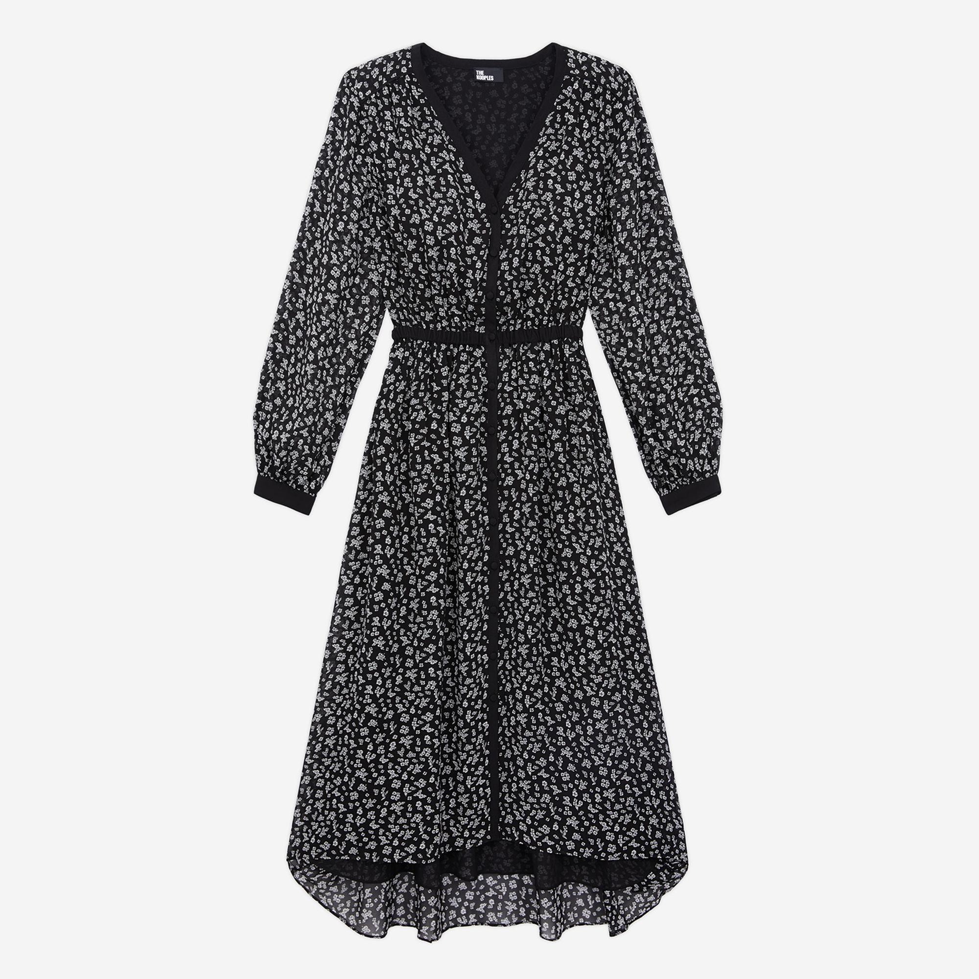 The Kooples Kadın Uzun Kollu V Yaka Çiçek Desenli Siyah Elbise