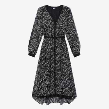  The Kooples Kadın Uzun Kollu V Yaka Çiçek Desenli Siyah Elbise