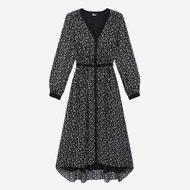  The Kooples Kadın Uzun Kollu V Yaka Çiçek Desenli Siyah Elbise