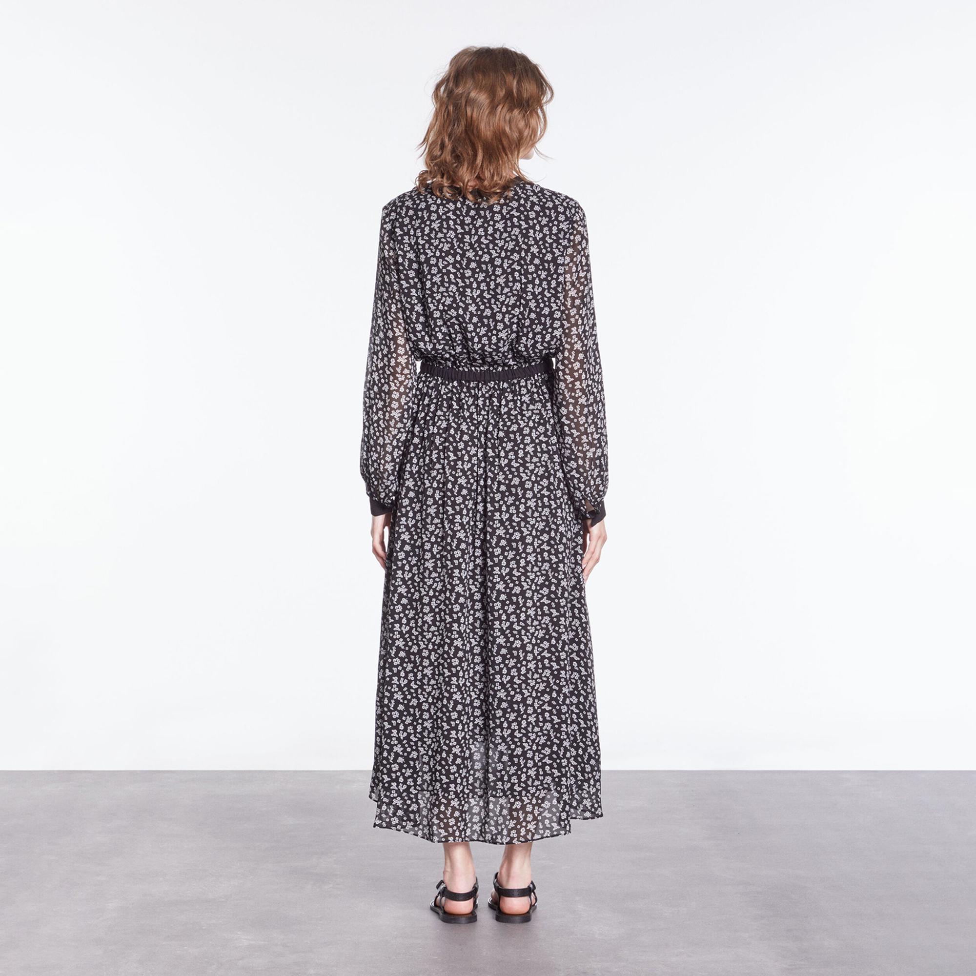 The Kooples Kadın Uzun Kollu V Yaka Çiçek Desenli Siyah Elbise