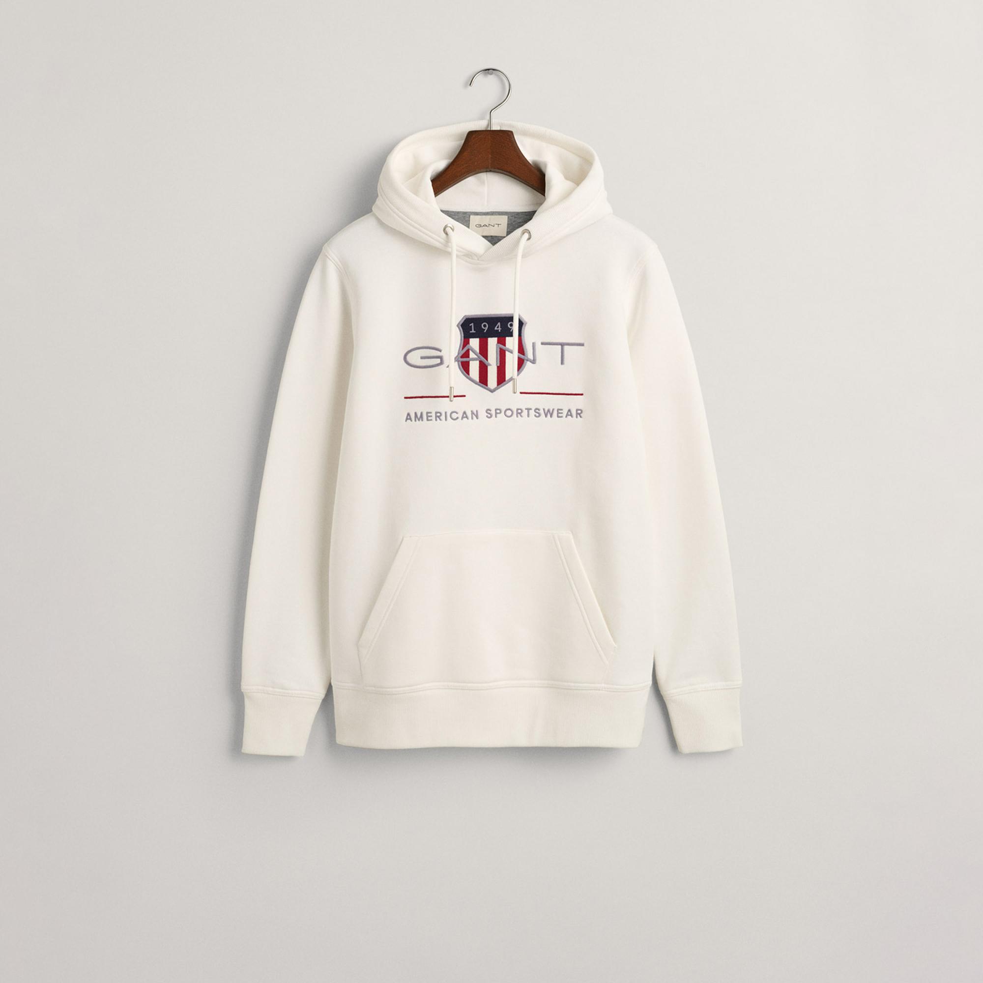 GANT Erkek Beyaz Regular Fit Kapüşonlu Logolu Sweatshirt