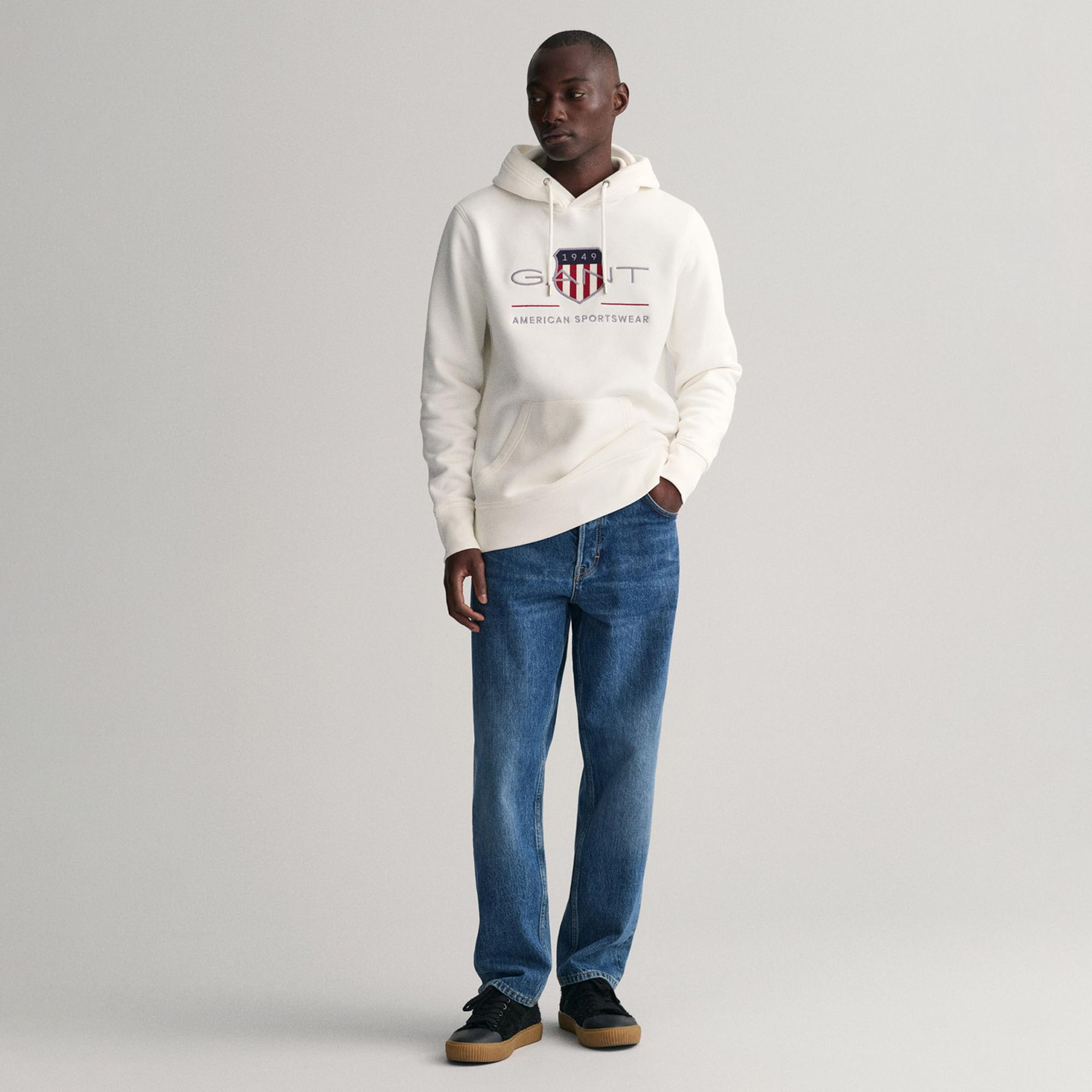 GANT Erkek Beyaz Regular Fit Kapüşonlu Logolu Sweatshirt