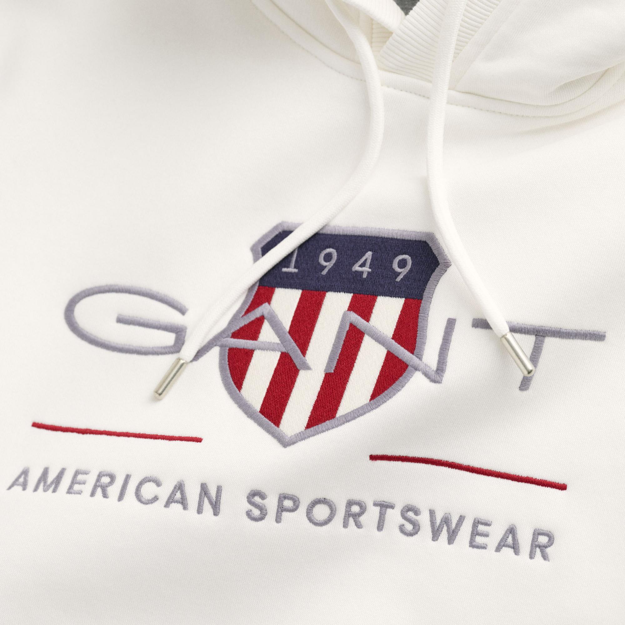 GANT Erkek Beyaz Regular Fit Kapüşonlu Logolu Sweatshirt