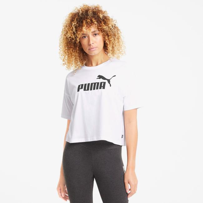  Puma Ess Cropped Logo Light Straw Kadın Beyaz Günlük T-Shirt