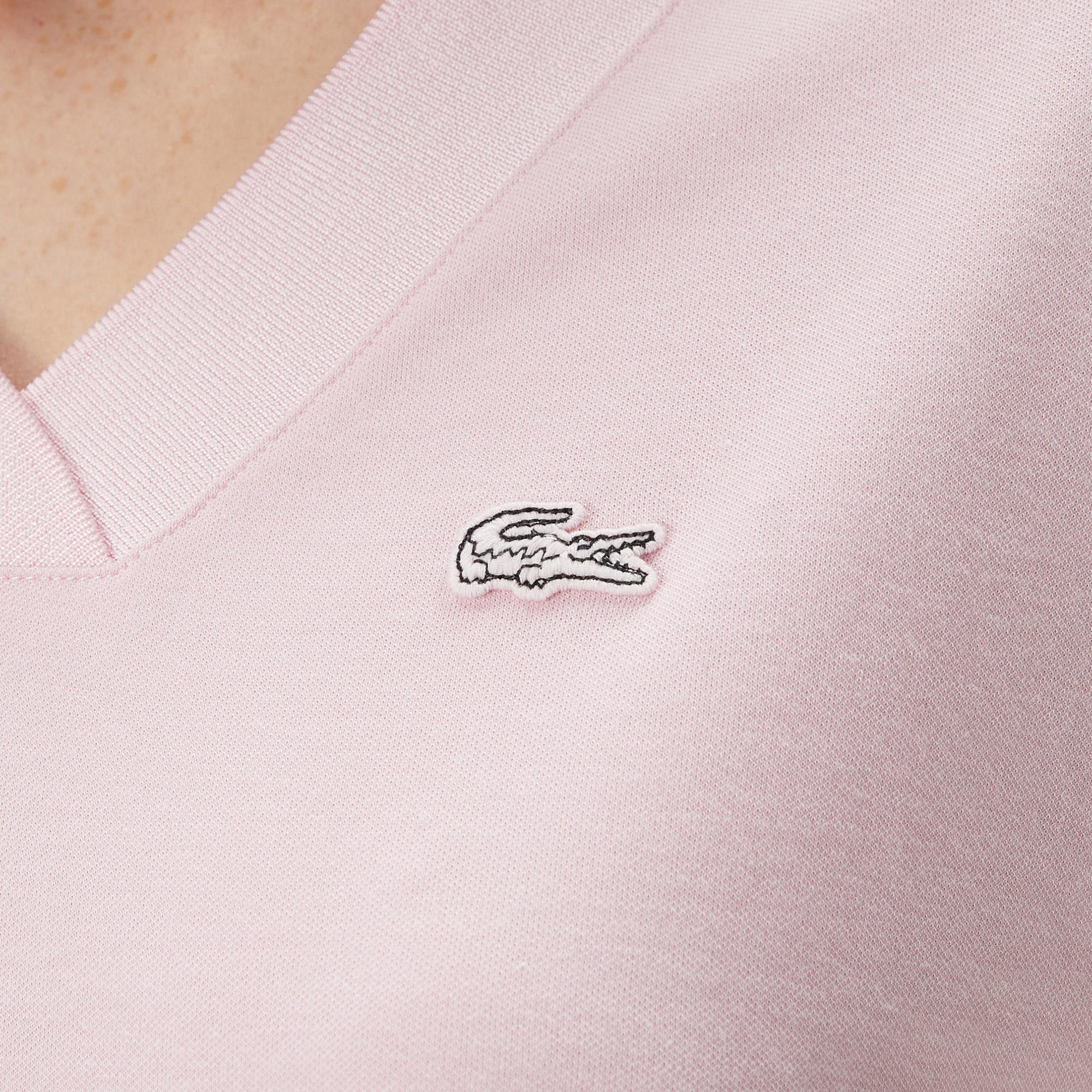 Lacoste Kadın Slim Fit V Yaka Açık Pembe T-Shirt