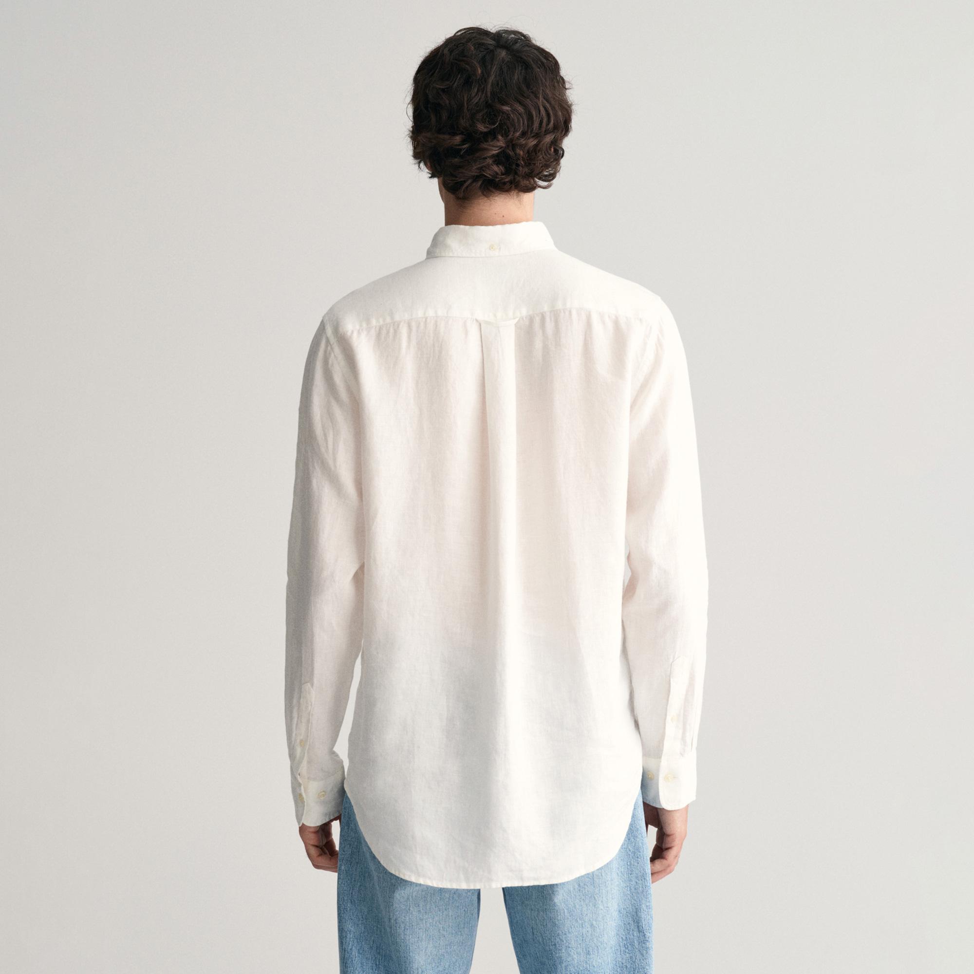 GANT Erkek Beyaz Regular Fit Düğmeli Yaka Keten Gömlek