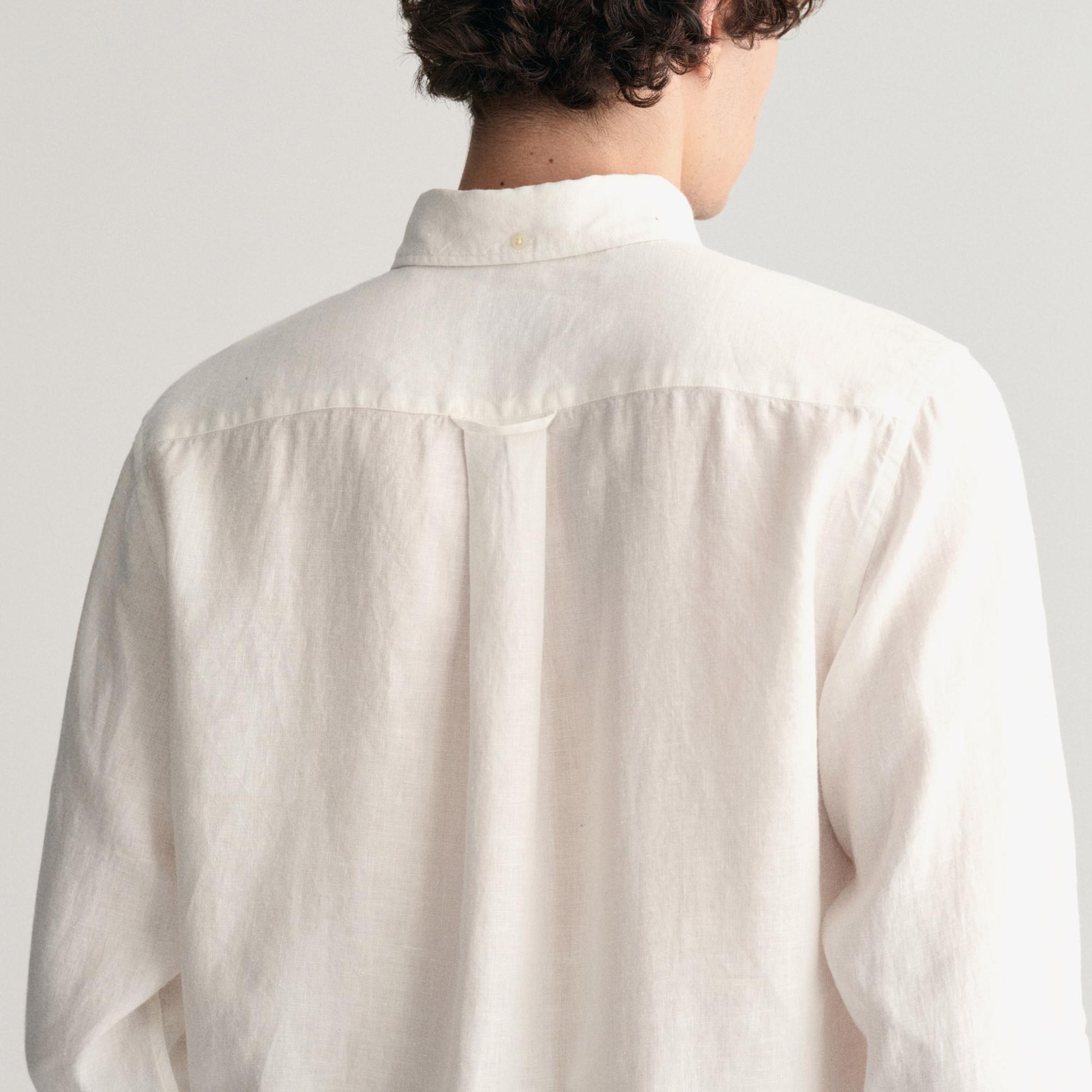 GANT Erkek Beyaz Regular Fit Düğmeli Yaka Keten Gömlek