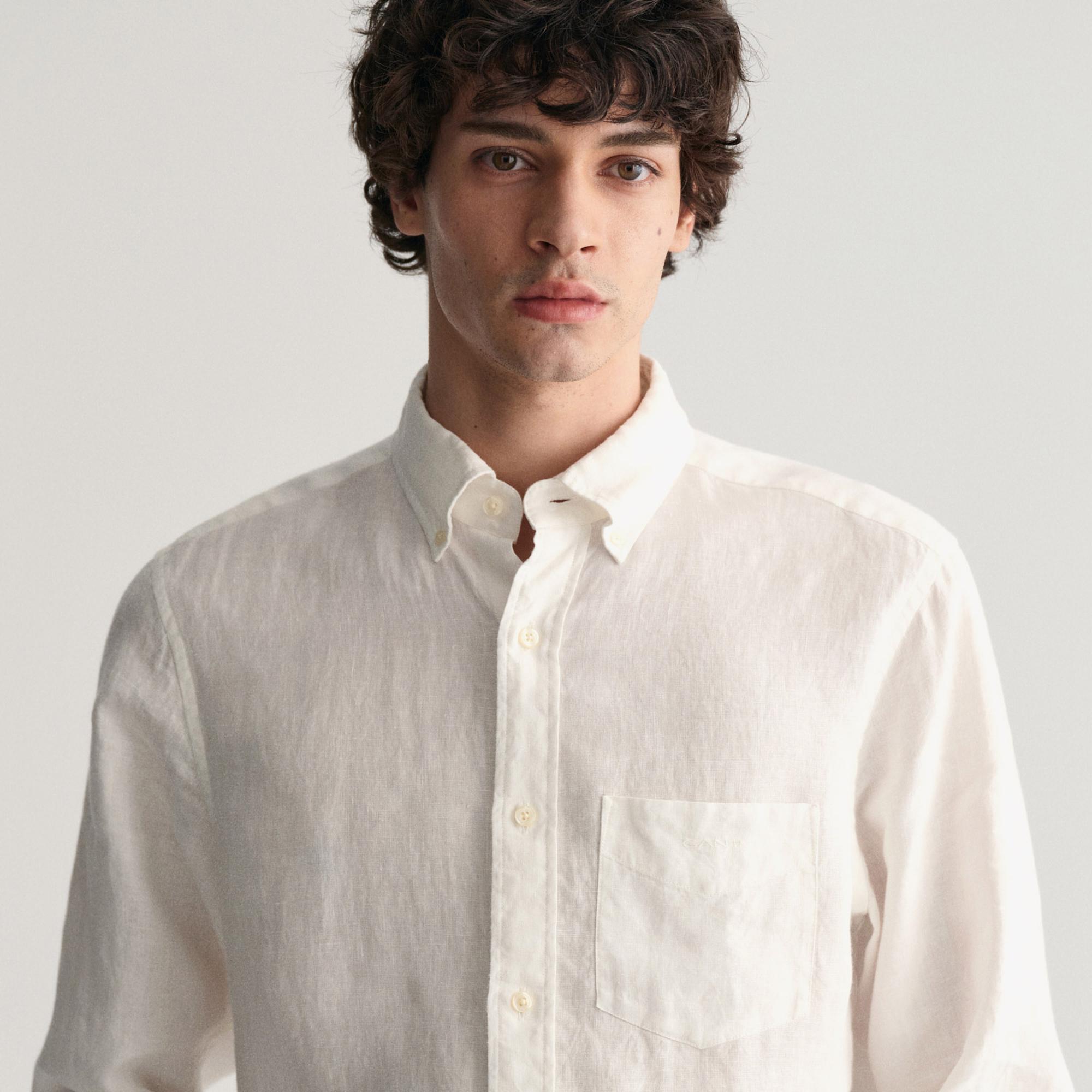 GANT Erkek Beyaz Regular Fit Düğmeli Yaka Keten Gömlek
