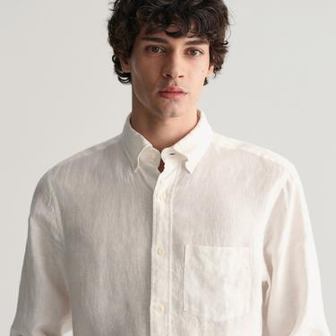  GANT Erkek Beyaz Regular Fit Düğmeli Yaka Keten Gömlek