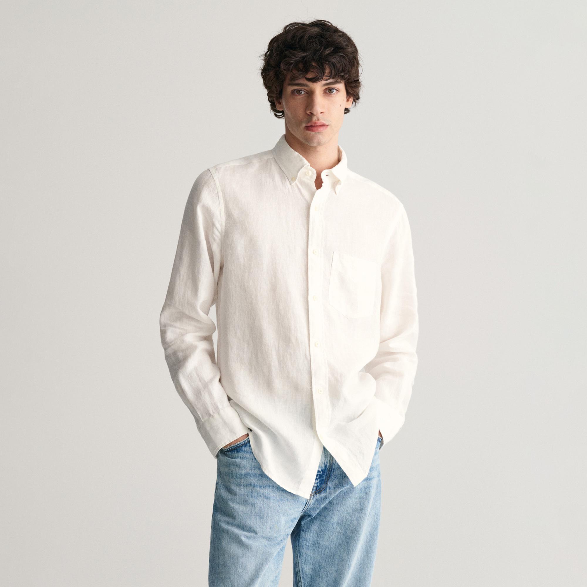 GANT Erkek Beyaz Regular Fit Düğmeli Yaka Keten Gömlek