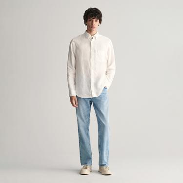 GANT Erkek Beyaz Regular Fit Düğmeli Yaka Keten Gömlek