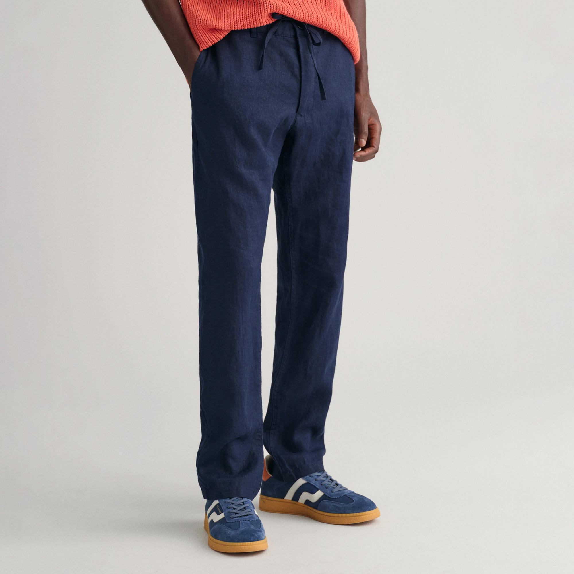 GANT Erkek Lacivert Relaxed Fit Keten Pantolon
