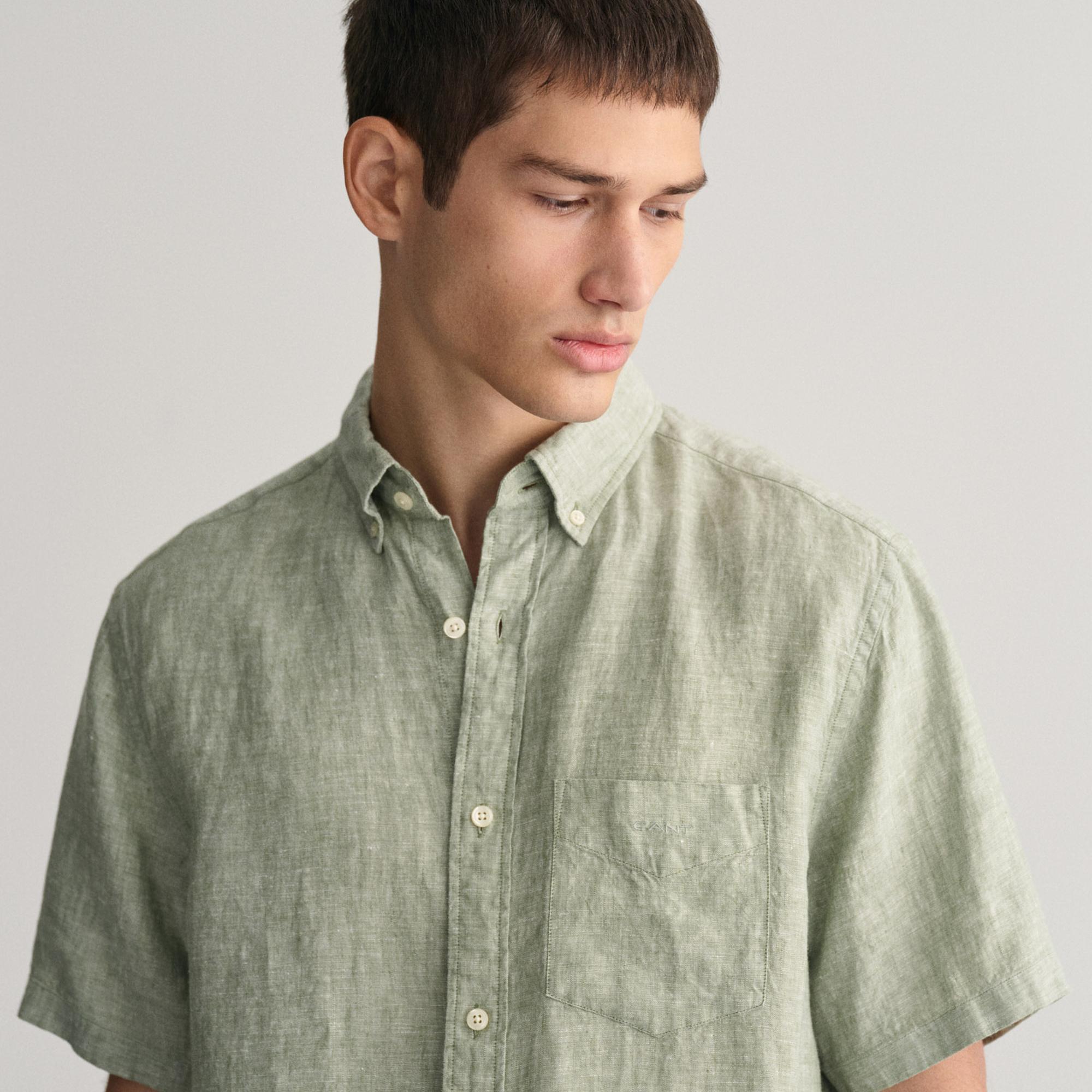 GANT Erkek Yeşil Regular Fit Düğmeli Yaka Keten Gömlek