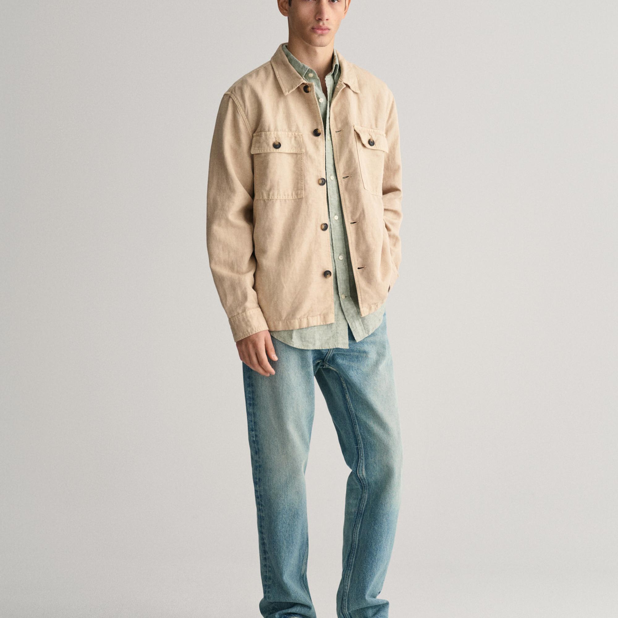 GANT Erkek Yeşil Regular Fit Düğmeli Yaka Keten Gömlek