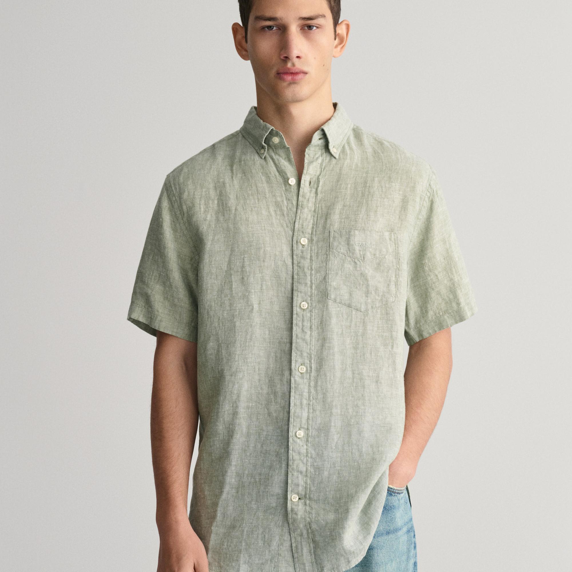 GANT Erkek Yeşil Regular Fit Düğmeli Yaka Keten Gömlek