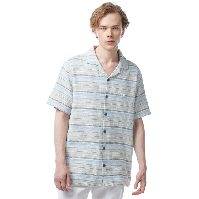  Nautica Erkek Mavi Classic Fit Kısa Kollu Çizgili Gömlek