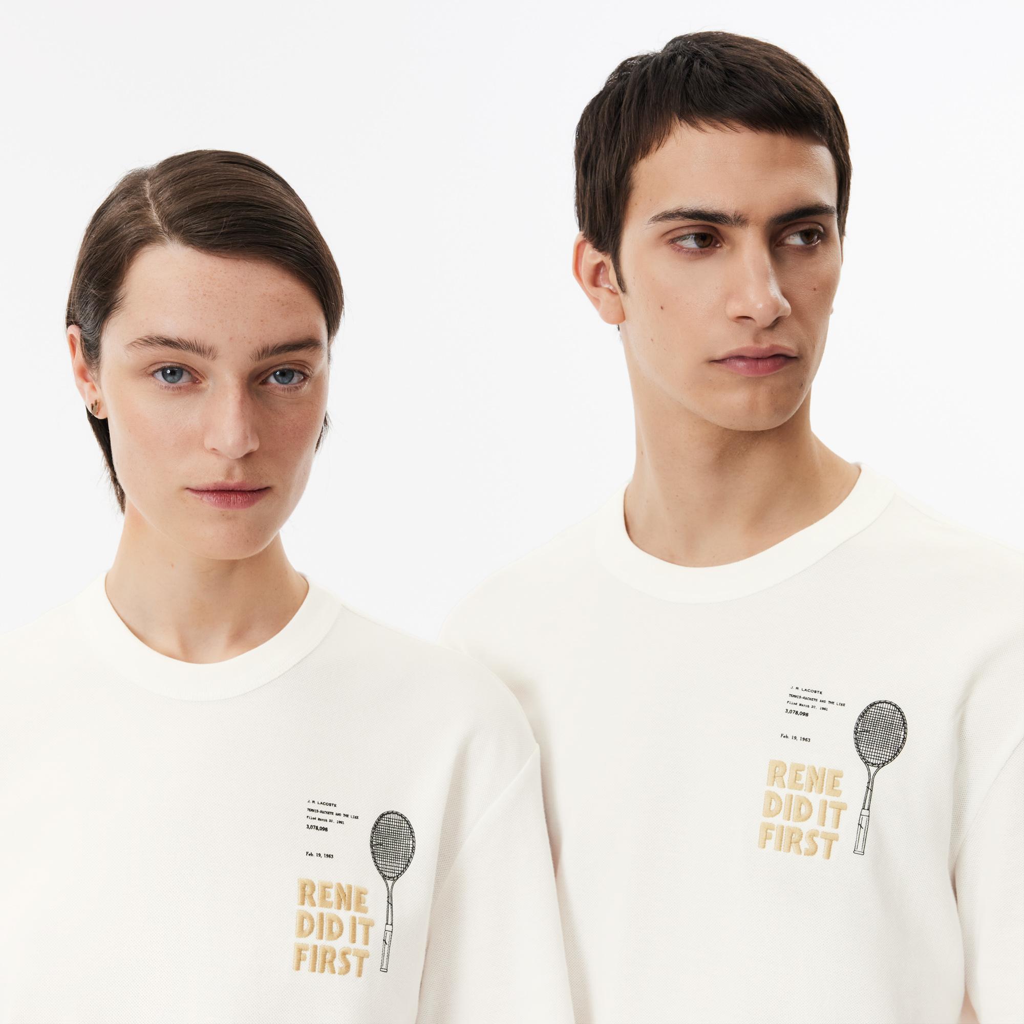 Unisex Classic Fit Bisiklet Yaka Baskılı Bej T-Shirt