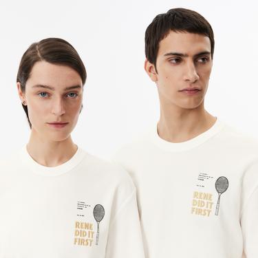  Unisex Classic Fit Bisiklet Yaka Baskılı Bej T-Shirt