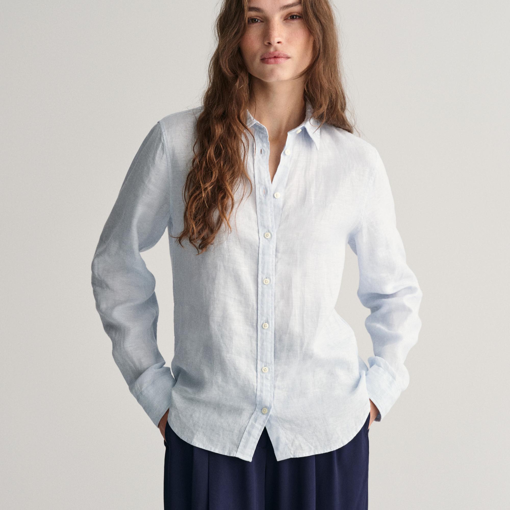 GANT Kadın Mavi Regular Fit Klasik Yaka Keten Gömlek