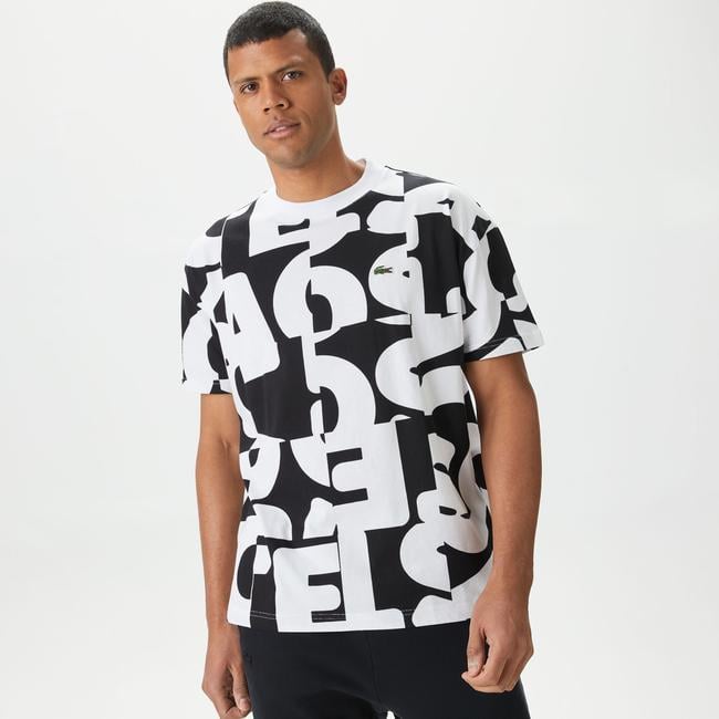  Lacoste Bisiklet Yaka Baskılı Erkek Siyah T-Shirt