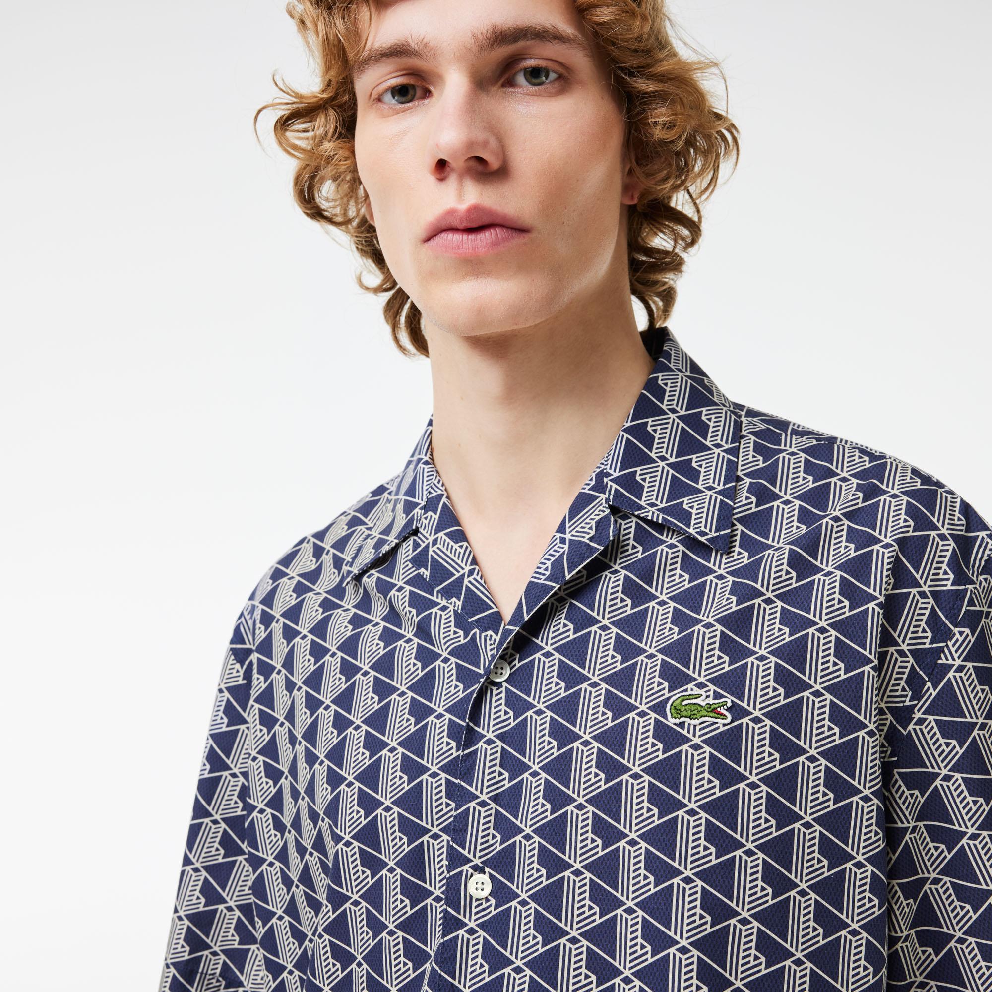 Erkek Relaxed Fit Kısa Kollu Monogram Lacivert Gömlek