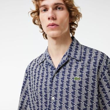  Erkek Relaxed Fit Kısa Kollu Monogram Lacivert Gömlek